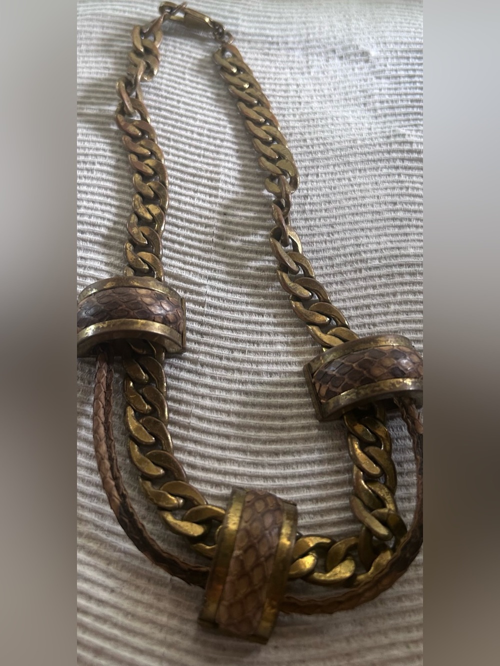 Men's Brass Chain Necklace with Brown Leather Inlay
